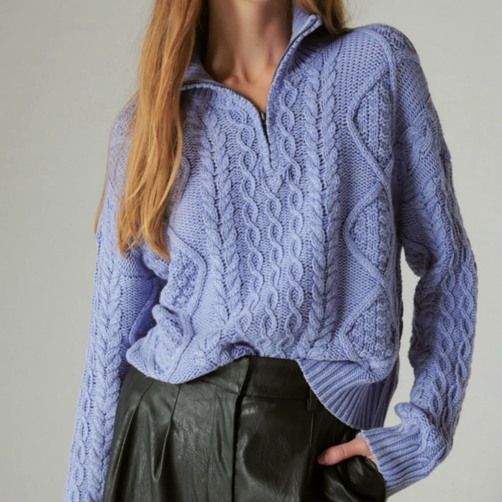 Lucky Brand Cable Knit Zip Mock Neck Sweater in Wash Bleached Denim Medium